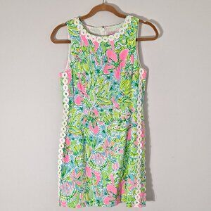 Lilly Pulitzer Bright Floral Hibiscus Shift Dress Lace Side Circle Class…